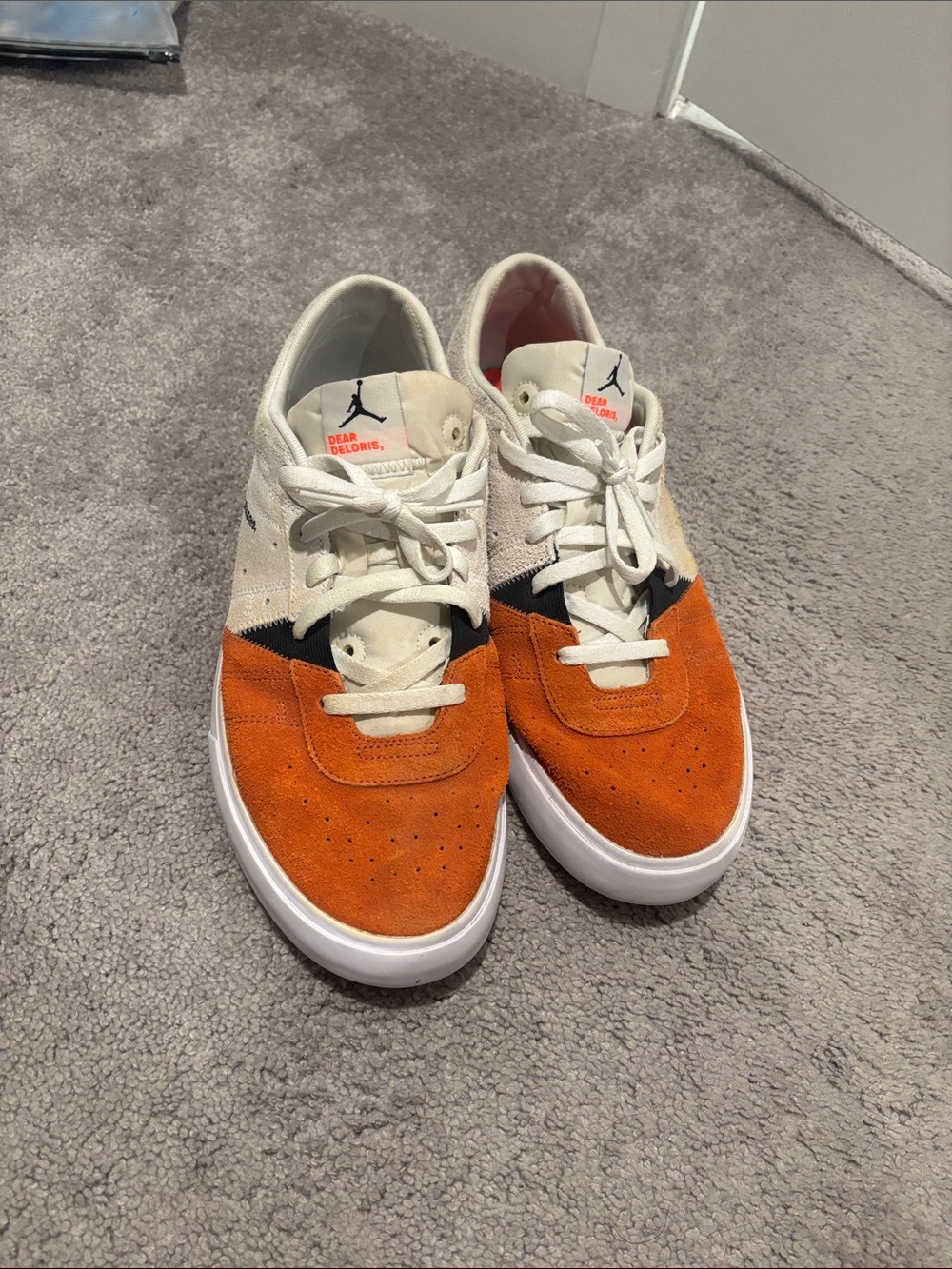Air Jordan Men’s Suede Dear Deloris Low-Top Sneakers in Orange and Cream